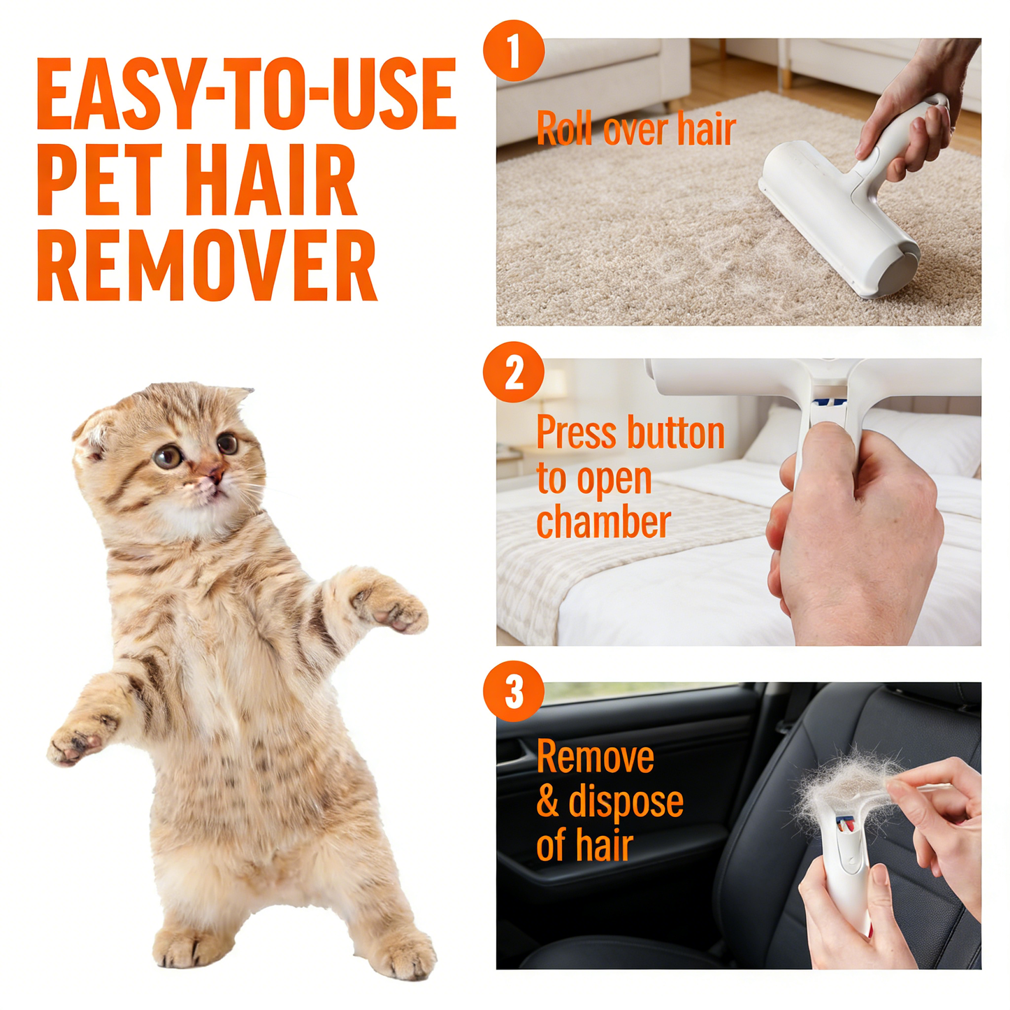 Reusable Pet Hair Remover, Effortlessly Lifts Cat & Dog Hair from Furniture, Carpet & Car, Portable & Eco-Friendly