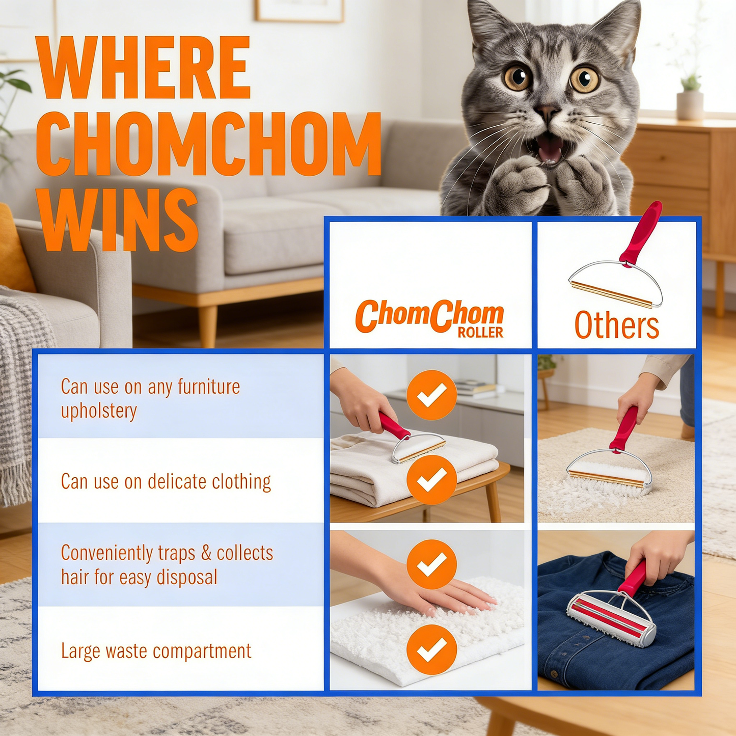 Reusable Pet Hair Remover, Effortlessly Lifts Cat & Dog Hair from Furniture, Carpet & Car, Portable & Eco-Friendly